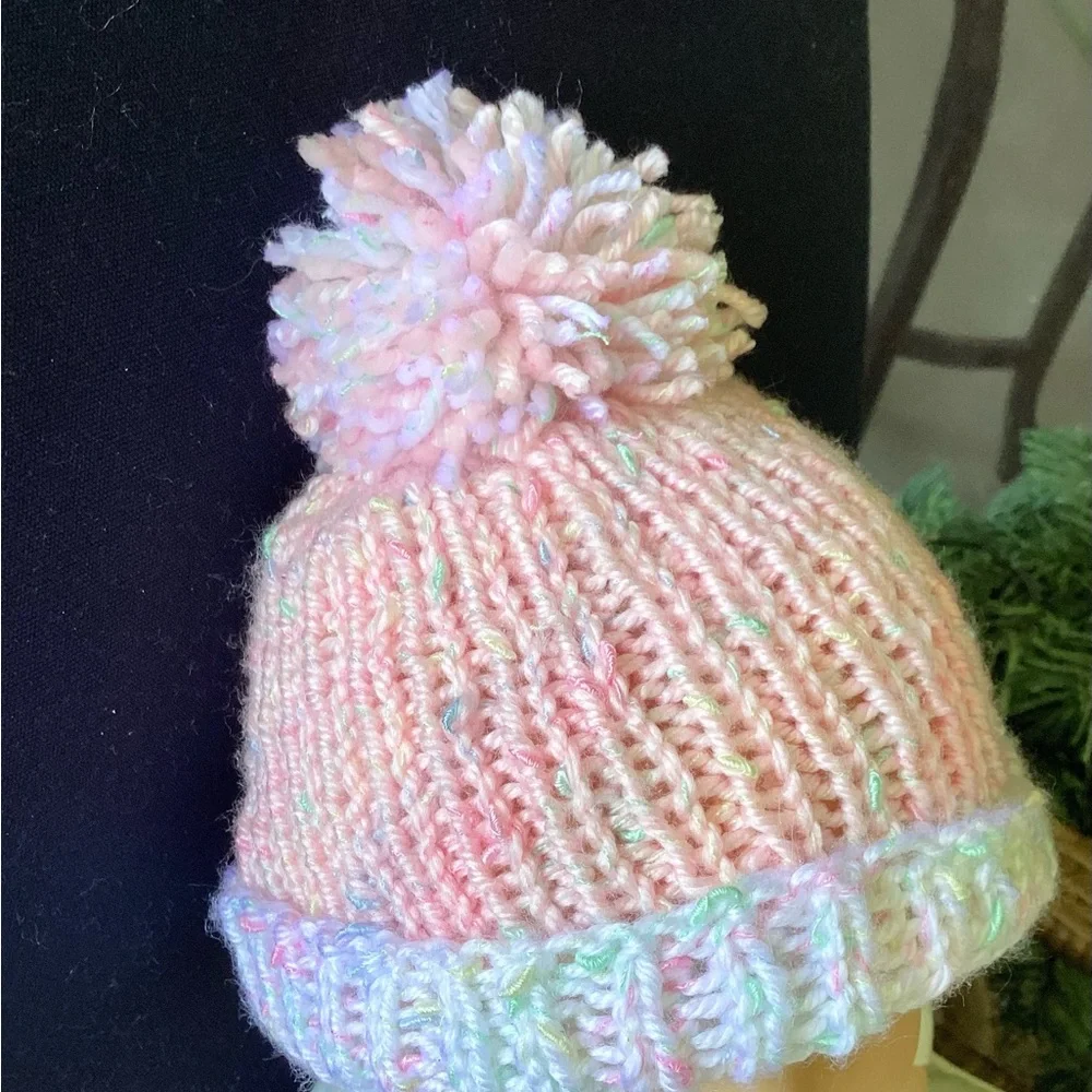 Beanie Pom Pom Hand Crafted Pastel Knit Pink White